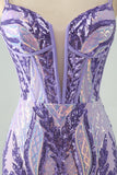 Robe de bal corset à bretelles spaghetti violet foncé scintillant avec paillettes