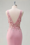 Robe de bal longue en taro sirène, col en V et fleurs 3D appliquées