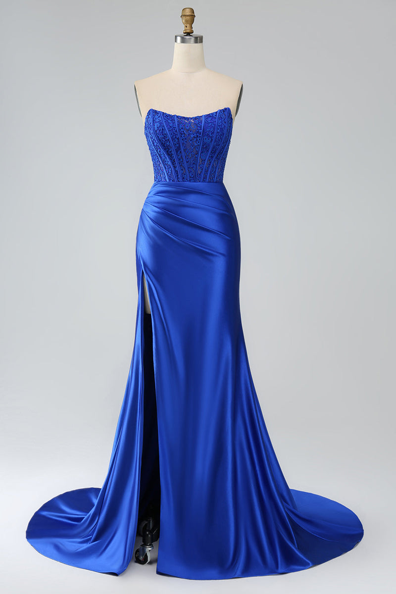 Charger l&#39;image dans la galerie, Robe de bal longue corset bustier sirène bleu royal avec fente