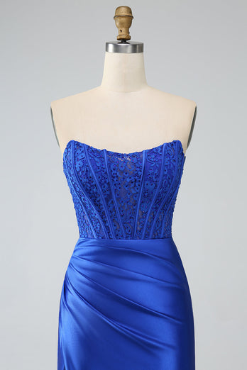 Robe de bal longue corset bustier sirène bleu royal avec fente