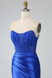 Robe de bal longue corset bustier sirène bleu royal avec fente