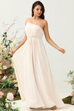 Une épaule sans manches Champagne Long Bridesmaid Robe