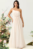 Une épaule sans manches Champagne Long Bridesmaid Robe