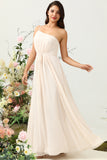 Une épaule sans manches Champagne Long Bridesmaid Robe