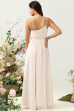 Une épaule sans manches Champagne Long Bridesmaid Robe