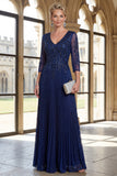 Robe de la mariée à col en V bleu marine scintillante à plis en ligne Mother of the Bride