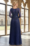 Robe de la mariée à col en V bleu marine scintillante à plis en ligne Mother of the Bride