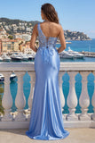 Robe de bal de bal en satin bleu clair appliquée sur une épaule