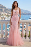 Robe de bal rose à col en V en tulle appliqué à la sirène