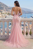 Robe de bal rose à col en V en tulle appliqué à la sirène