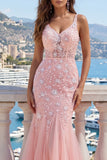 Robe de bal rose à col en V en tulle appliqué à la sirène