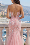 Robe de bal rose à col en V en tulle appliqué à la sirène