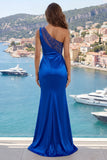 Robe de bal de bal en satin sirène bleu royal à une épaule avec fente