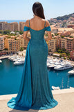 Robe de bal de bal scintillante bleu sarcelle, épaules froides, avec serpentin