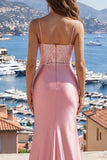 Robe de bal en satin sirène à bretelles à blush avec fente