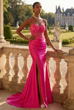 Corset de sirène perlée à fûches fuchsia longue robe de bal avec fente
