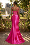 Corset de sirène perlée à fûches fuchsia longue robe de bal avec fente
