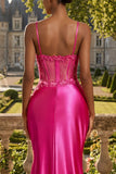 Corset de sirène perlée à fûches fuchsia longue robe de bal avec fente