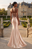 Robe de bal longue de bal à perles de sirène champagne sans bustier avec fente