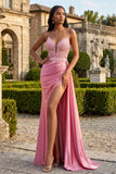 Robe de bal longue à bretelles fines en sirène rose appliquée avec fente