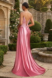 Robe de bal longue à bretelles fines en sirène rose appliquée avec fente