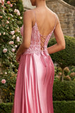 Robe de bal longue à bretelles fines en sirène rose appliquée avec fente