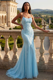 Robe de bal longue à bretelles fines bleu sirène appliquée