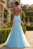 Robe de bal longue à bretelles fines bleu sirène appliquée