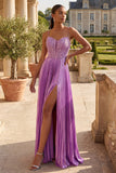 Robe de bal longue plissée à lignes A violette avec fente