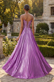 Robe de bal longue plissée à lignes A violette avec fente