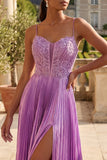 Robe de bal longue plissée à lignes A violette avec fente