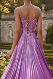Robe de bal longue plissée à lignes A violette avec fente