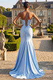 Robe longue de bal en satin à perles bleues avec fente