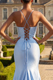 Robe longue de bal en satin à perles bleues avec fente