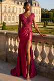 Robe longue de bal de bal en sirène aux paillettes bordeaux avec fente