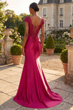Robe longue de bal de bal en sirène aux paillettes bordeaux avec fente