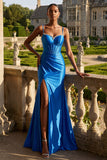 Robe de bal longue corset perlée de sirène bleu royal avec fente