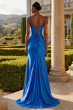 Robe de bal longue corset perlée de sirène bleu royal avec fente