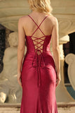 Corset bordeaux perlé de sirène avec dentelle remontée dans le dos, longue robe de bal avec fente