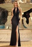 Robe de bal de bal de sirène noire appliquée avec une fente
