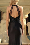 Robe de bal de bal de sirène noire appliquée avec une fente