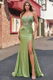 Corset vert sirène à bretelles fines, longue robe de bal en satin avec fente