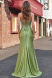 Corset vert sirène à bretelles fines, longue robe de bal en satin avec fente