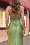 Corset vert sirène à bretelles fines, longue robe de bal en satin avec fente