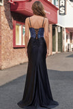 Robe de bal en satin à perles noires avec fente