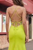 Robe de bal de bal jaune moutarde appliquée à col rond avec fente