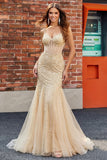 Robe de bal de bal en corset sirène à paillettes champagne