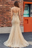 Robe de bal en corset sirène à paillettes champagne