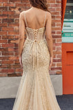 Robe de bal en corset sirène à paillettes champagne