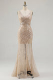 Robe de bal dorée à col en V avec paillettes et sirène